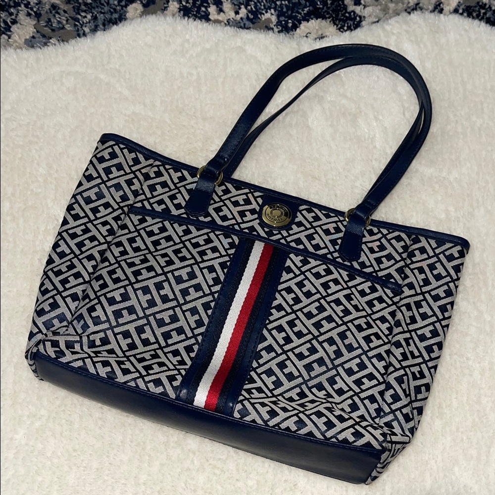 Tommy Hilfiger Navy and White Patterned Shoulder Bag